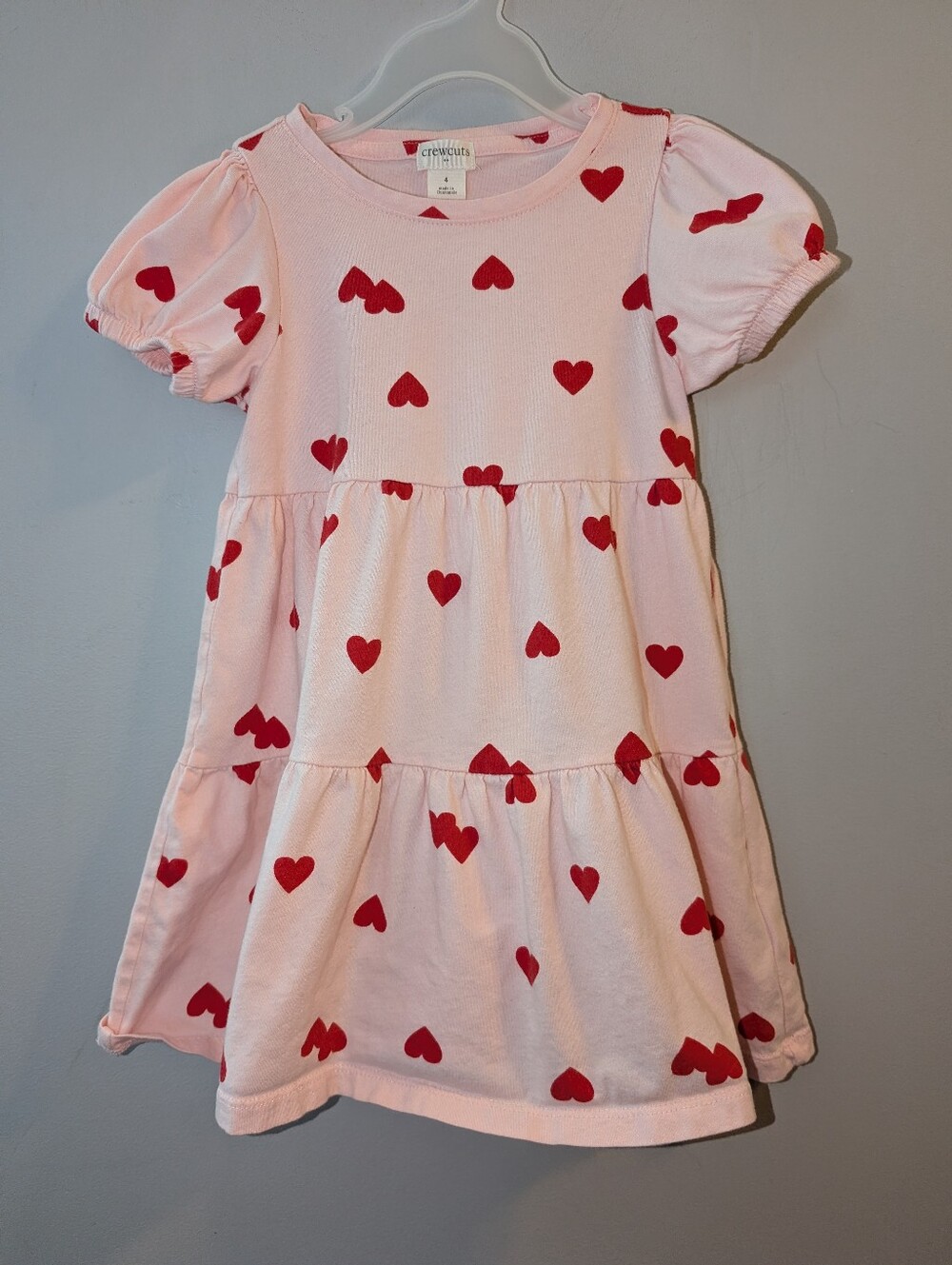 ❤️ Crewcuts Pink Cotton Short Sleeved Dress with Red Heart Print - Girls Size 4